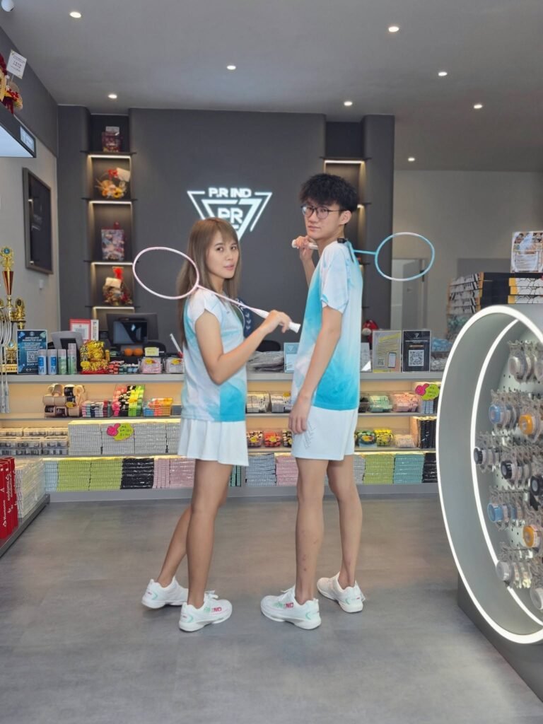 Two PRIND staff members holding rackets inside the PRIND Austin JB store
